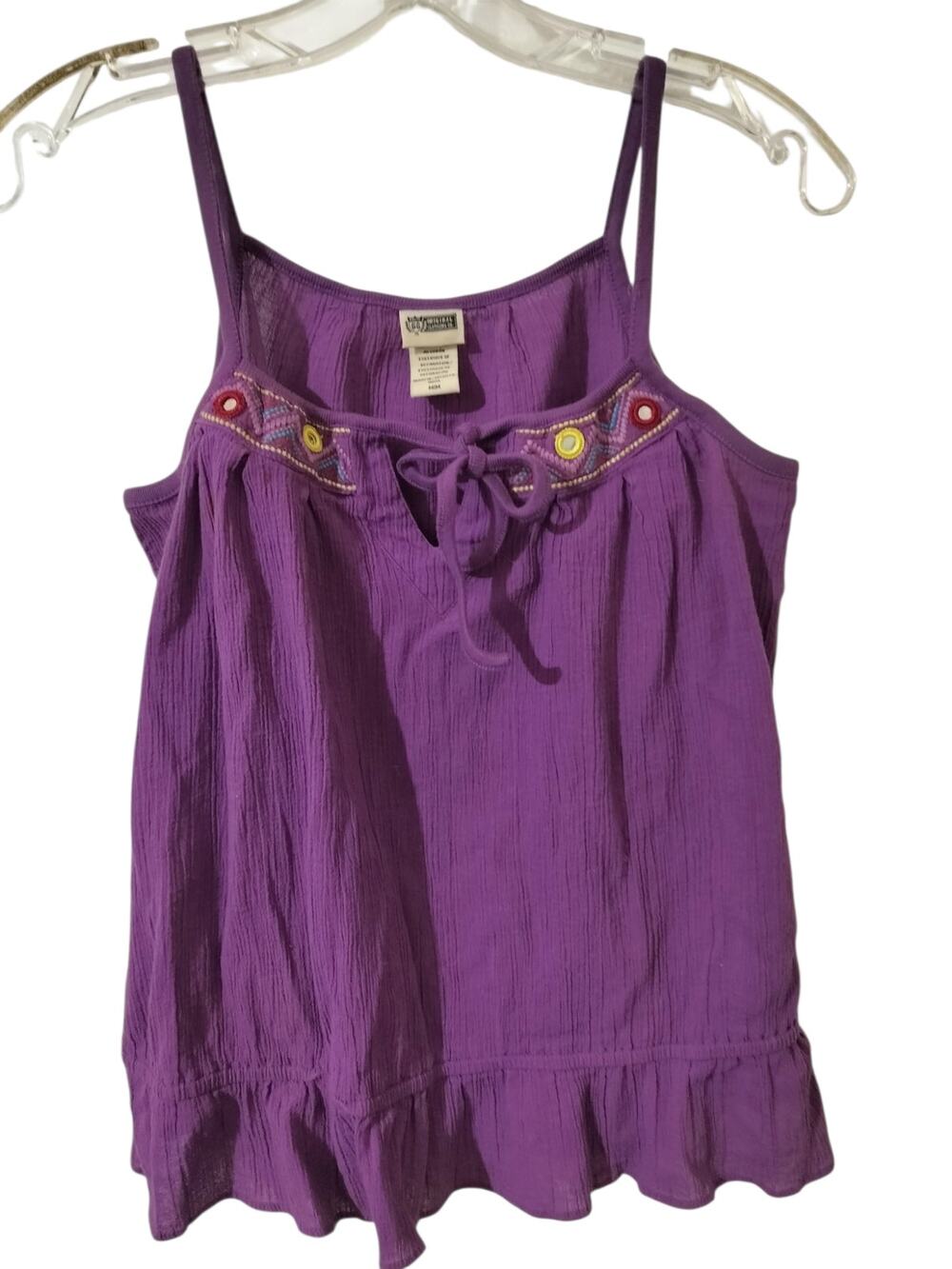 6030(Vintage Route 66 Purple Boho Embroidery Tie Front Tank Top Medium